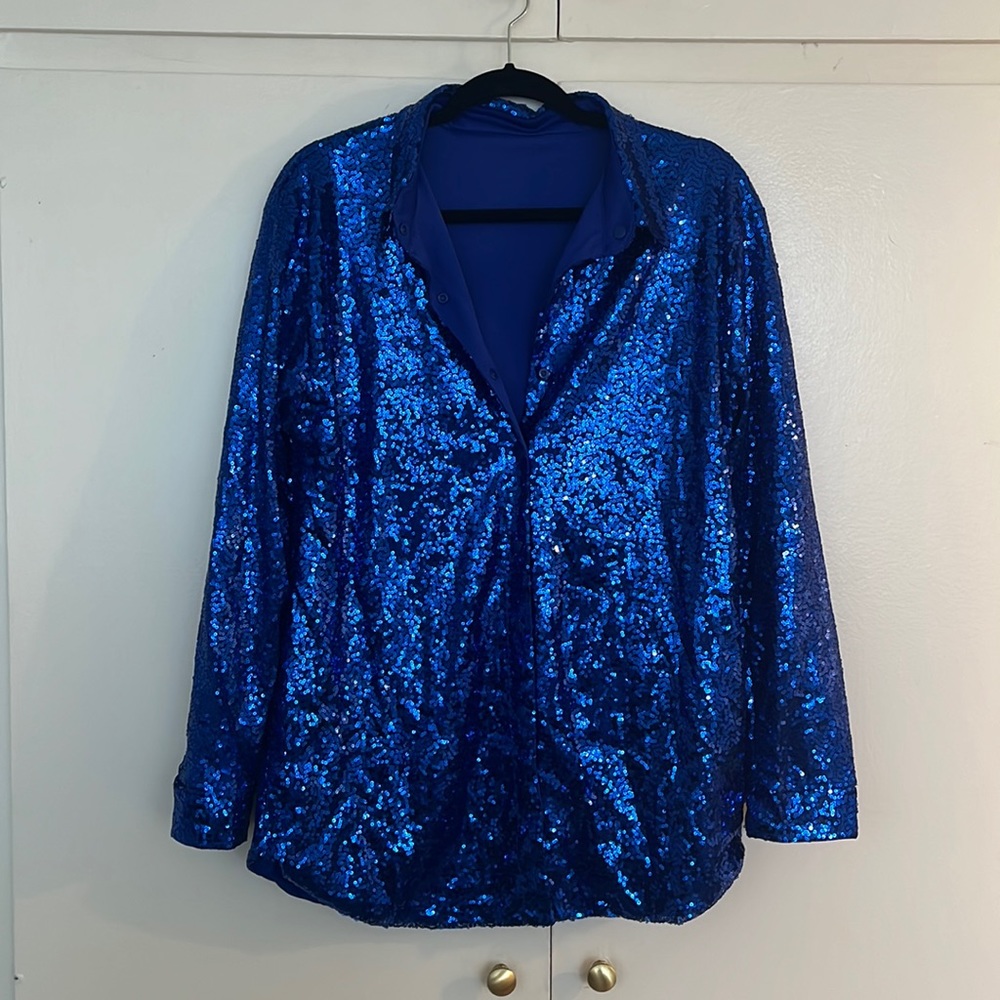 Blue sequin button down